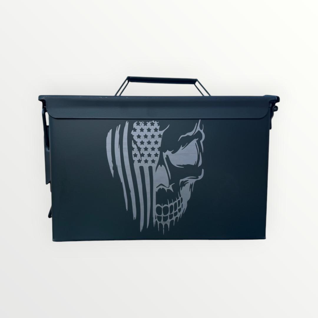 Half Skull & American Flag Design – Bold Patriotic Art - Custom Engraved 50 Caliber Ammo Box