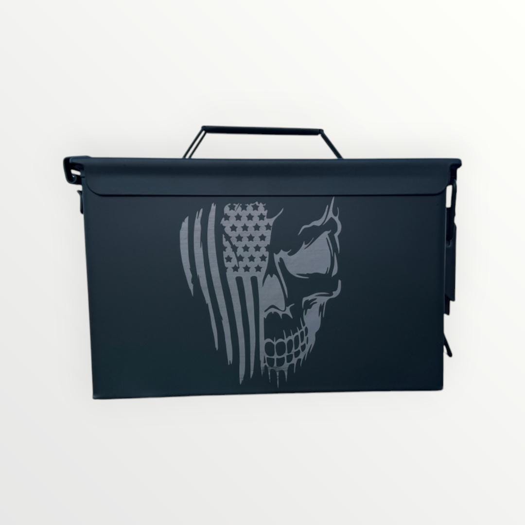 Half Skull & American Flag Design – Bold Patriotic Art - Custom Engraved 50 Caliber Ammo Box