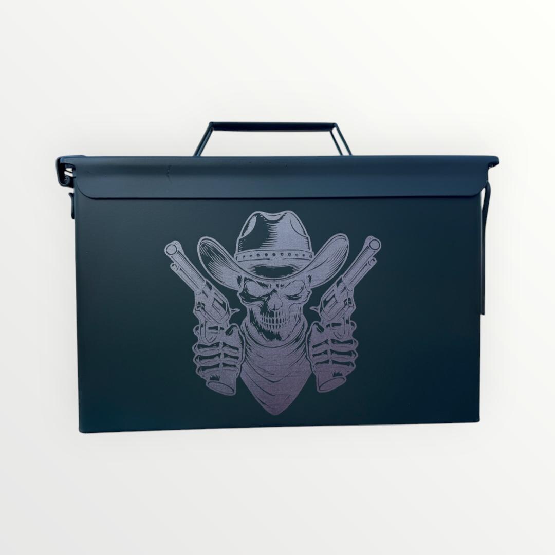 Cowboy Skull with Revolvers – Wanted Dead or Alive - Custom Engraved 50 Caliber Ammo Box