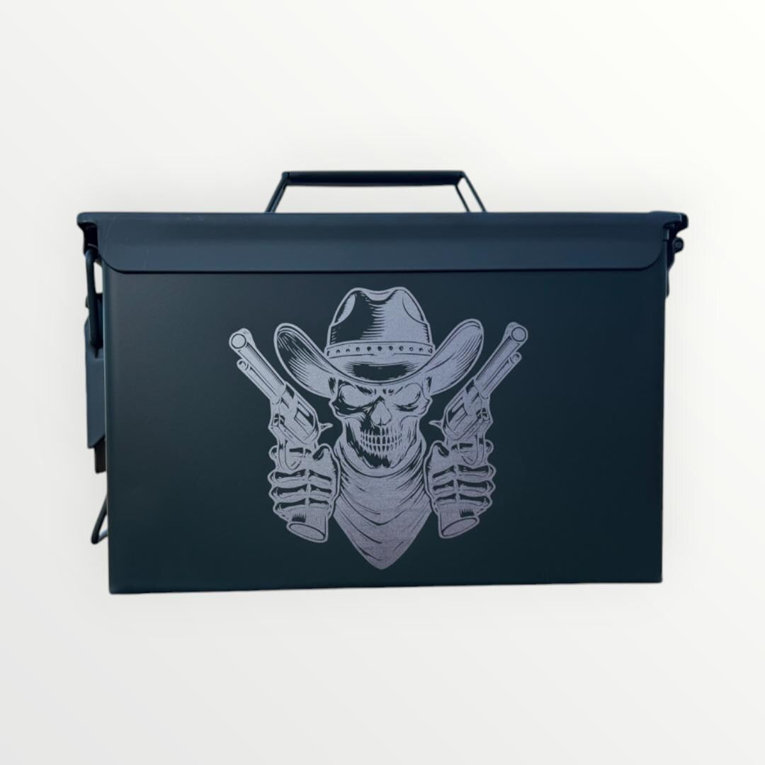 Cowboy Skull with Revolvers – Wanted Dead or Alive - Custom Engraved 50 Caliber Ammo Box