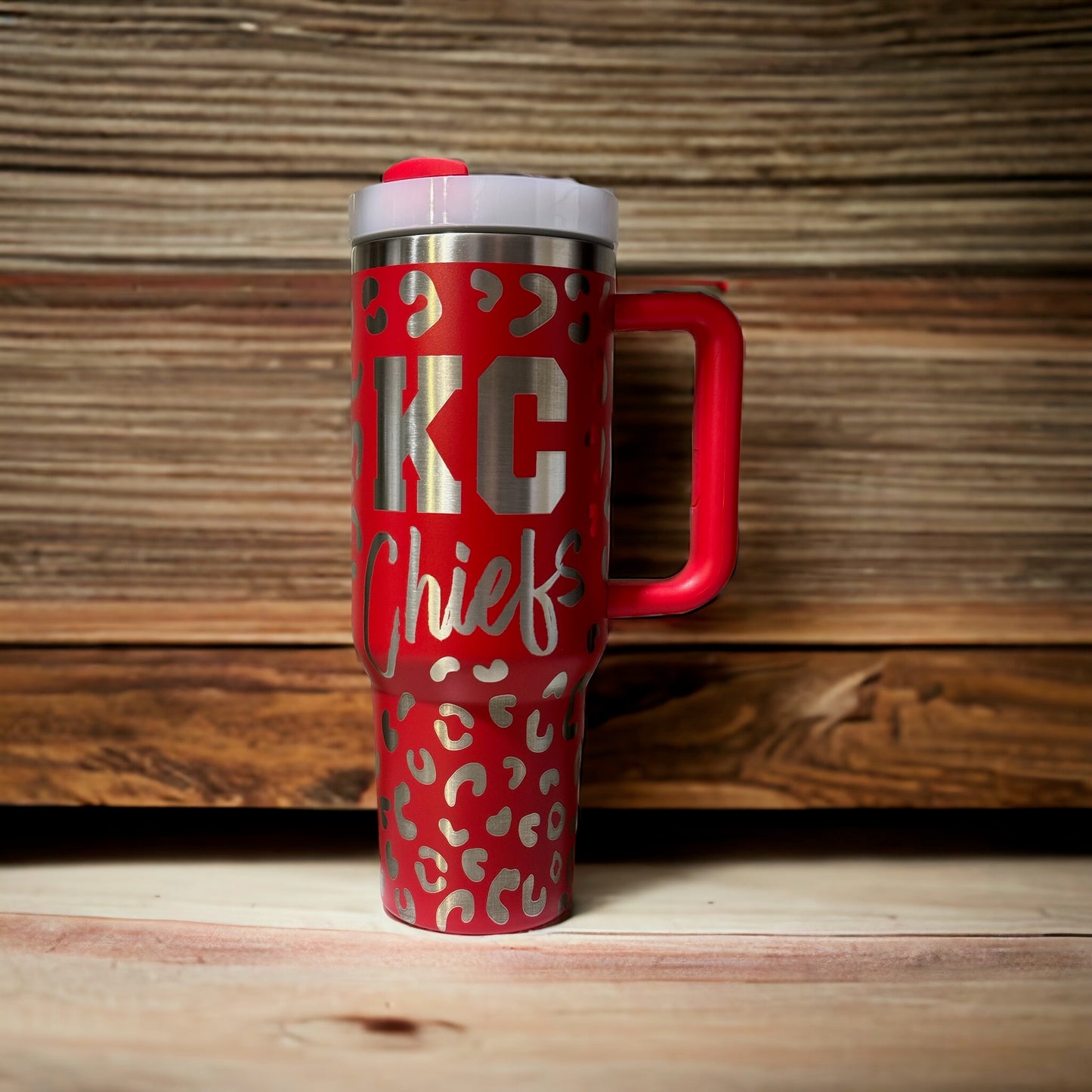 Custom Engraved Stainless Steel RED KC Chiefs Leopard Print 40oz Tumbler with Lid and Straw