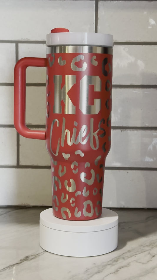 Custom Engraved Stainless Steel RED KC Chiefs Leopard Print 40oz Tumbler with Lid and Straw