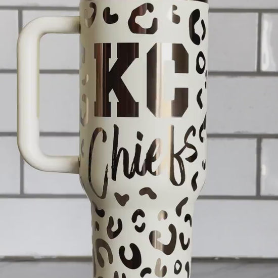 KC Chiefs Leopard Print 40oz 2.0 Cream and Copper Tumbler Custom Engraved - Stainless Steel with Straw and Lid