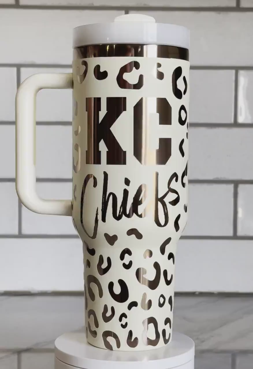 KC Chiefs Leopard Print 40oz 2.0 Cream and Copper Tumbler Custom Engraved - Stainless Steel with Straw and Lid